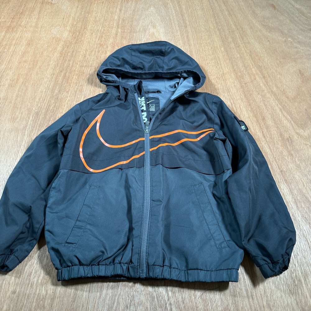 Nike Windbreaker Jacket Kids Size 6 Black Orange Swoosh Hooded Full Zip